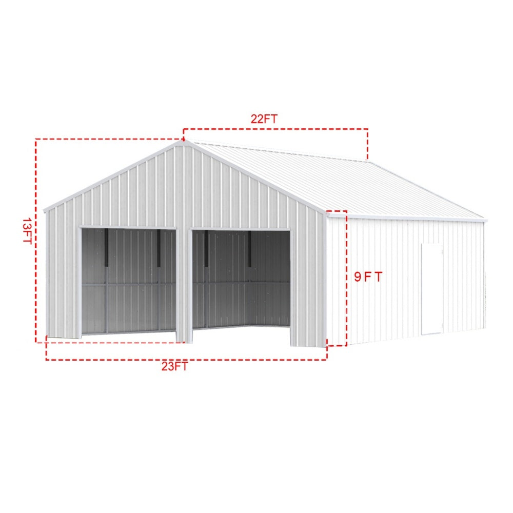 Dimensions of a white storage shed with red dashed lines and measurements.#color_White