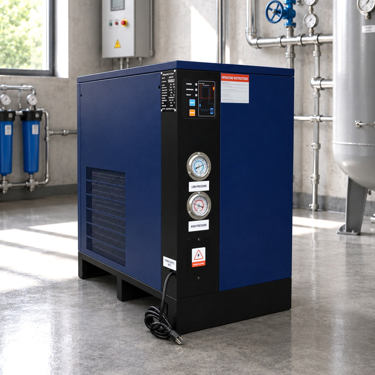 Blue industrial air compressor in a factory setting with pipes and tanks.