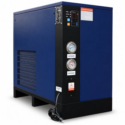 Blue and black industrial air compressor on a white background