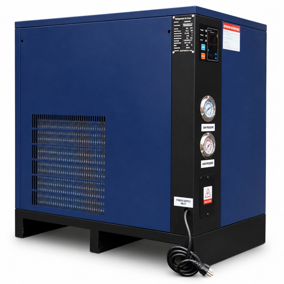 Blue air compressor with control panel on a white background