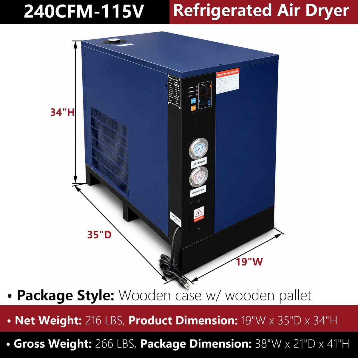 Refrigerated air dryer with dimensions and specifications on a white background