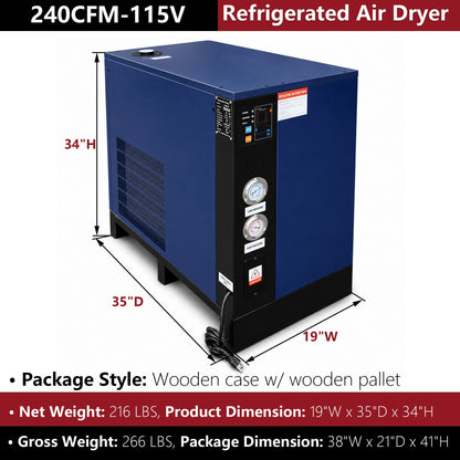 Refrigerated air dryer with dimensions and specifications on a white background