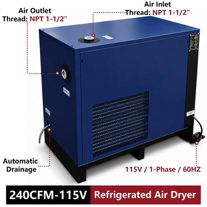 Blue refrigerated air dryer with labeled features on a white background