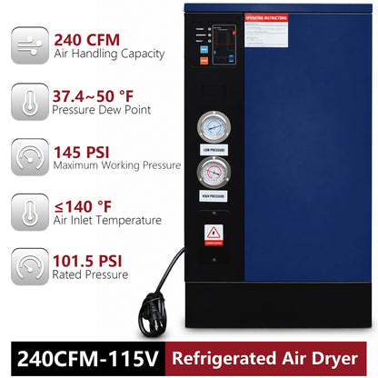 Refrigerated air dryer with specifications on a white background