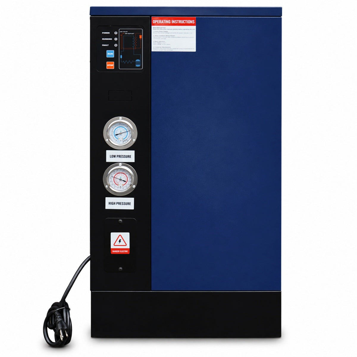 Blue and black industrial machine with pressure gauges on a white background