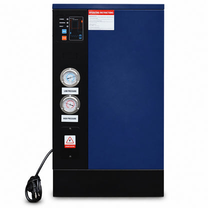 Blue and black industrial machine with pressure gauges on a white background