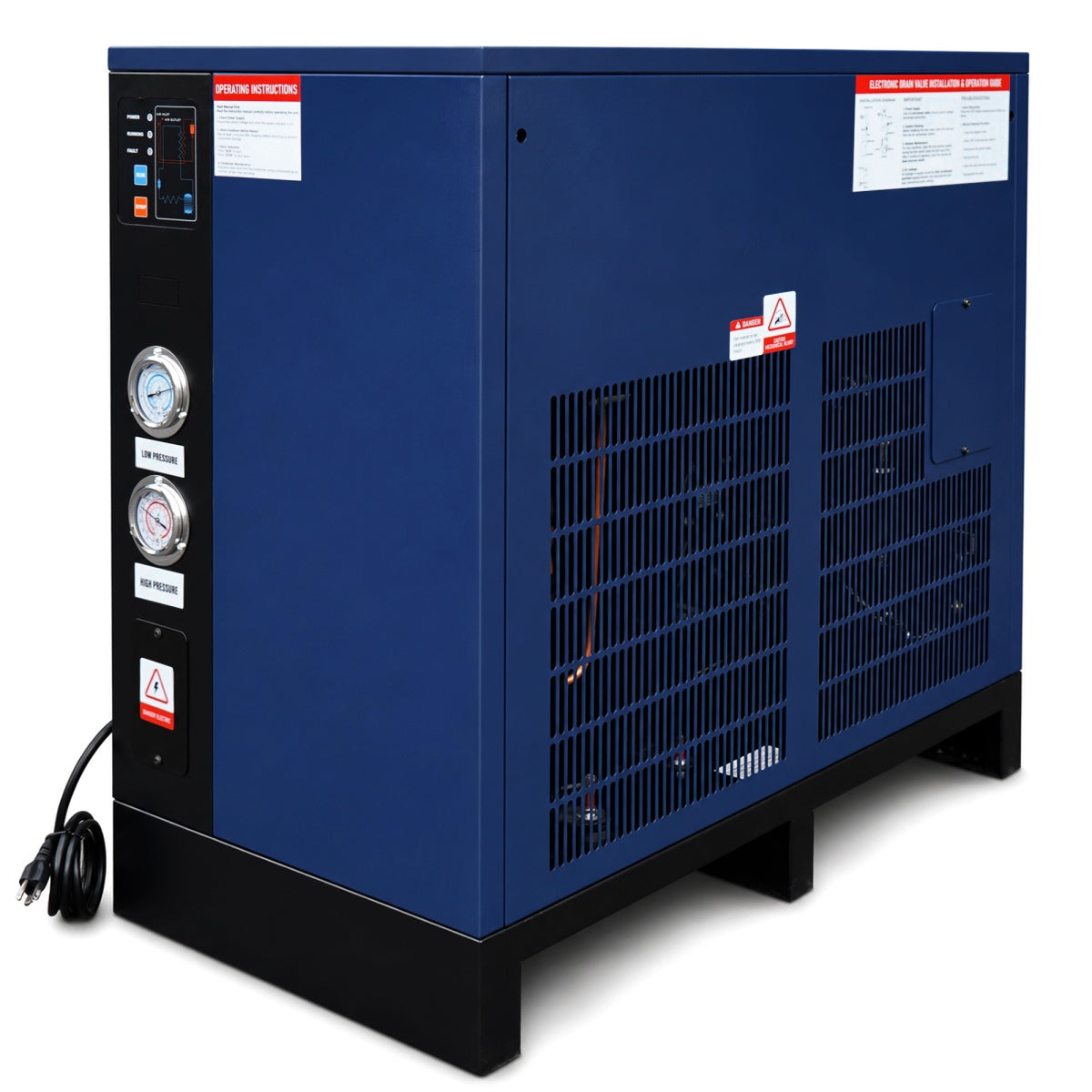Blue industrial air compressor with visible branding on a white background