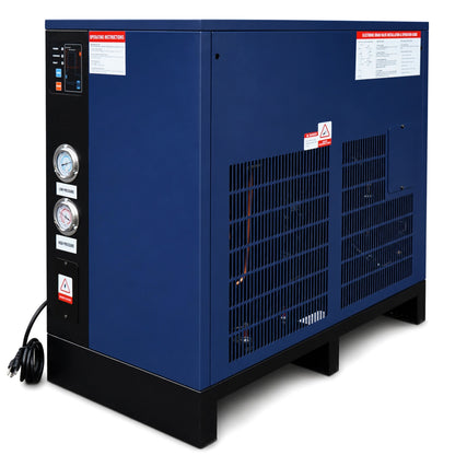Blue industrial air compressor with visible branding on a white background