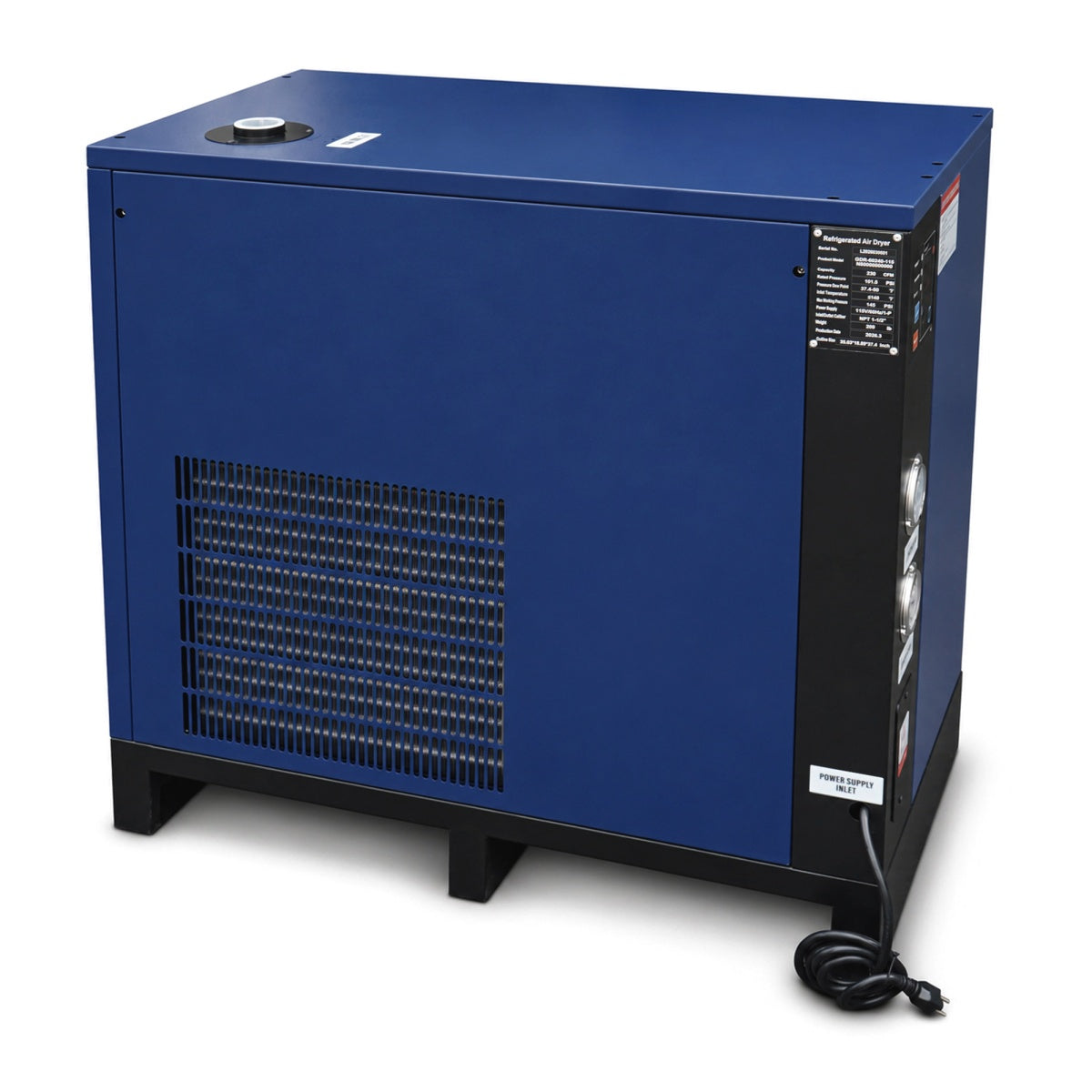 Blue industrial machine with black base on a white background