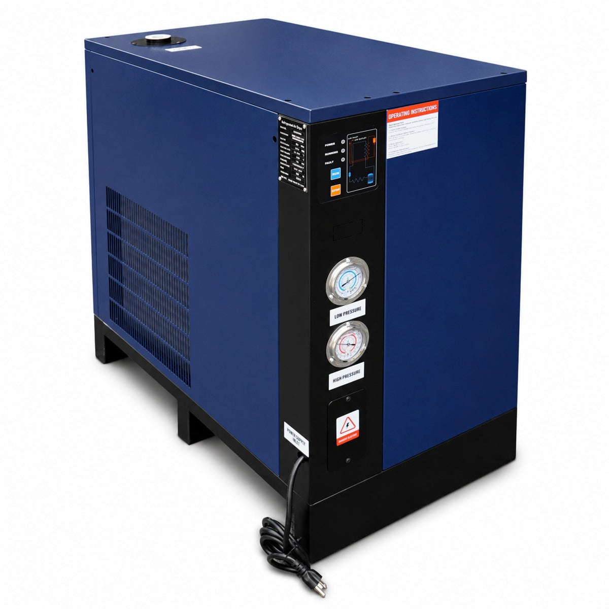 Blue industrial machine with gauges and a power cord on a white background