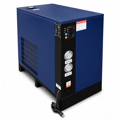 Blue industrial machine with gauges and a power cord on a white background