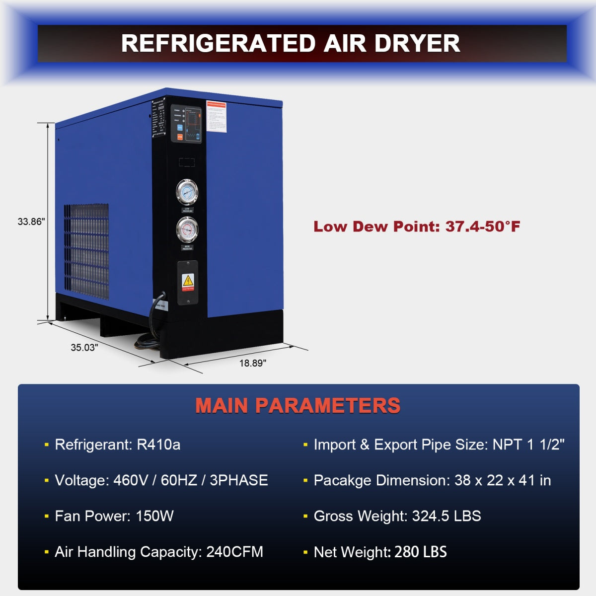 240CFM Refrigerated Air Dryer 3Phase 460V For Air Compressor