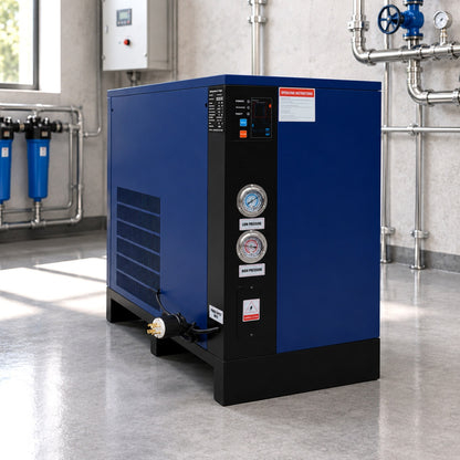 Blue industrial machine with gauges in a mechanical room setting