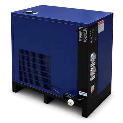 Blue industrial machine with control panel on a white background