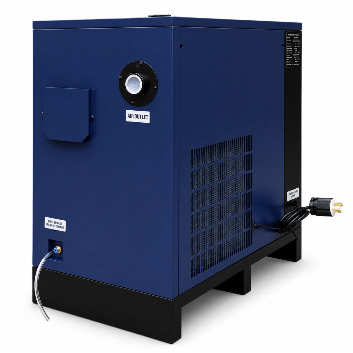 Blue industrial air dryer with power cord on a white background