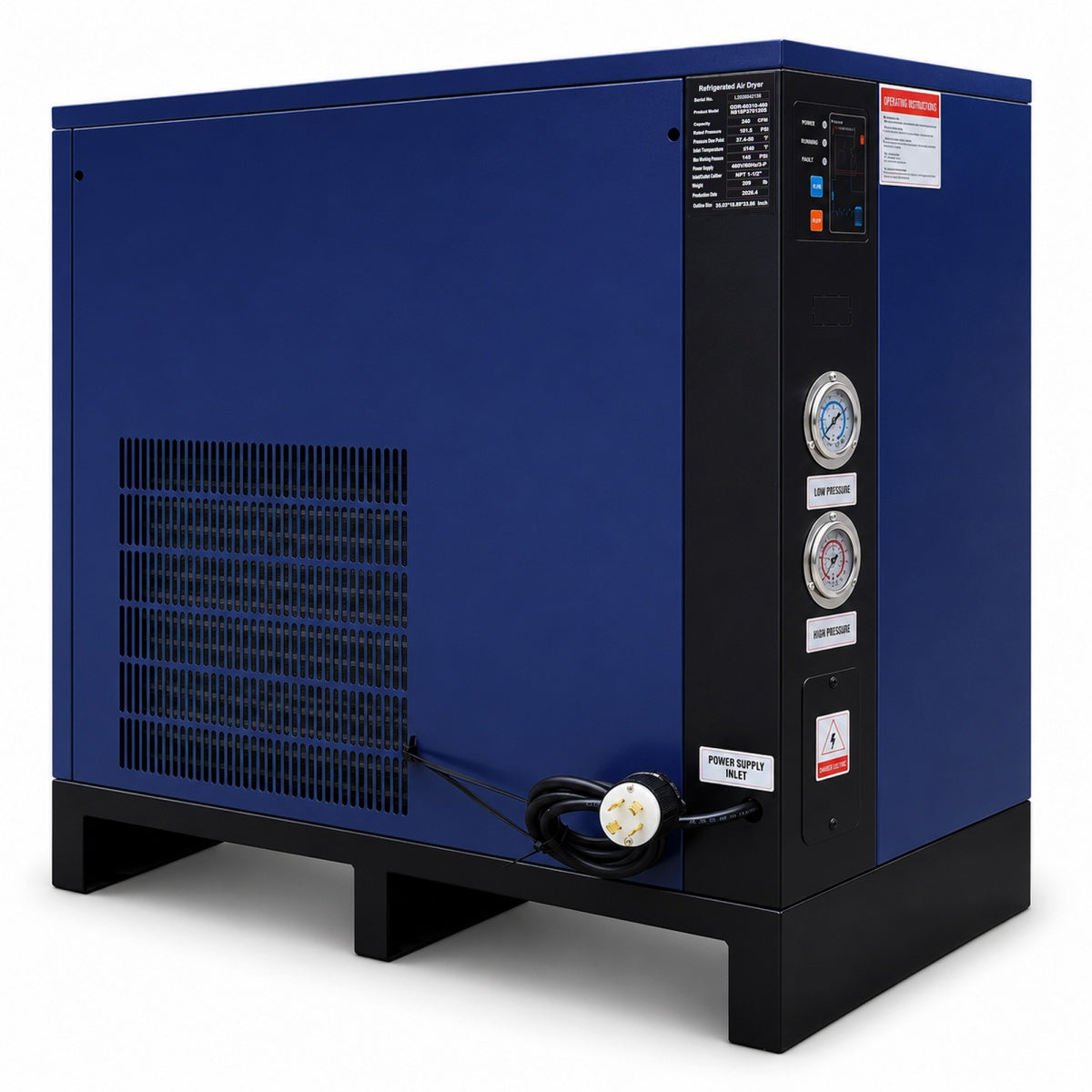 Blue and black industrial machine with visible branding on a white background