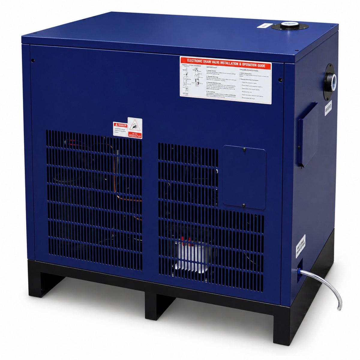 Blue industrial machine with ventilation grilles on a white background