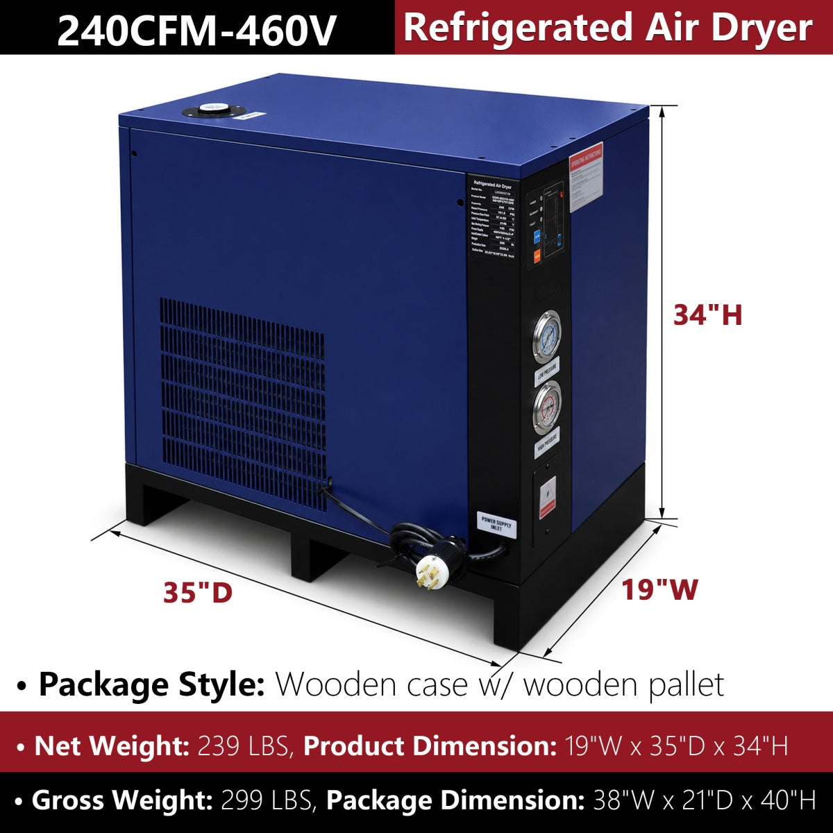 Blue refrigerated air dryer with dimensions and specifications on a white background