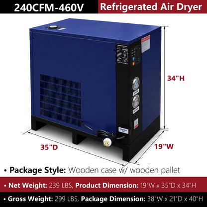 Blue refrigerated air dryer with dimensions and specifications on a white background