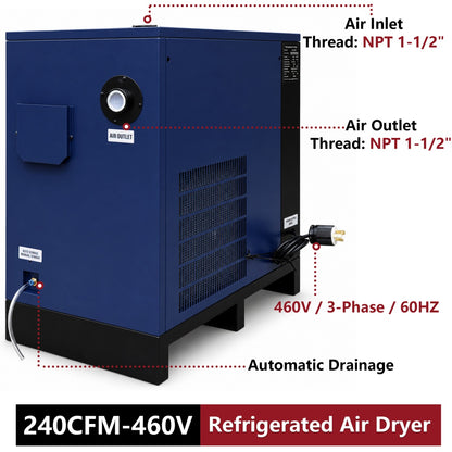 Refrigerated air dryer with labeled features on a white background