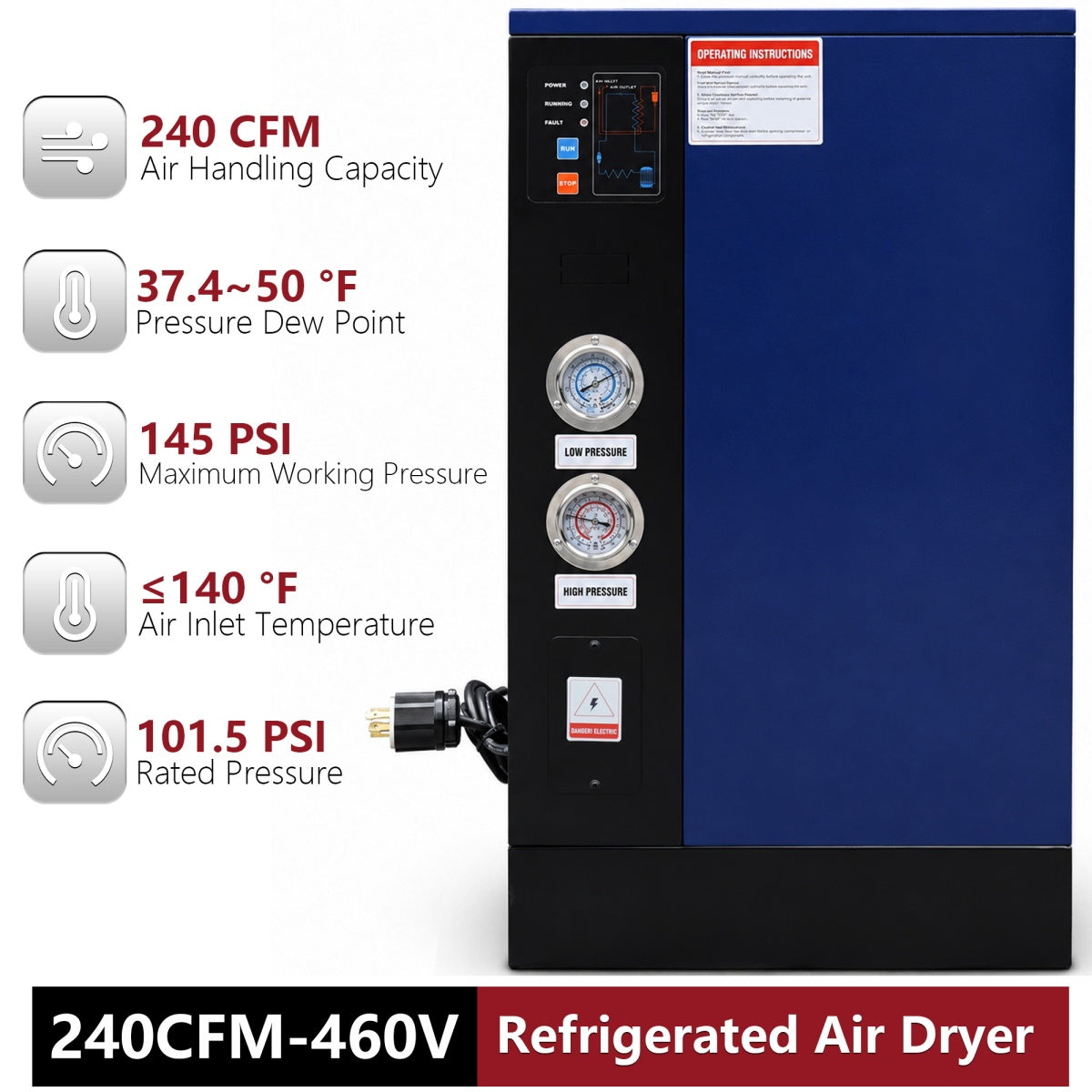 Refrigerated air dryer with specifications on a white background