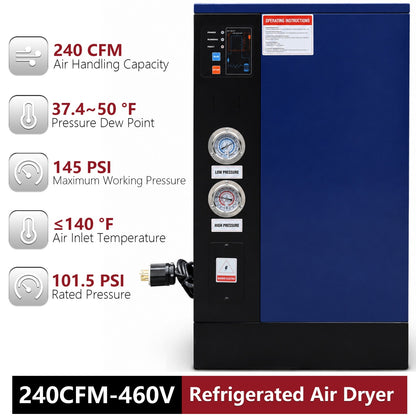 Refrigerated air dryer with specifications on a white background