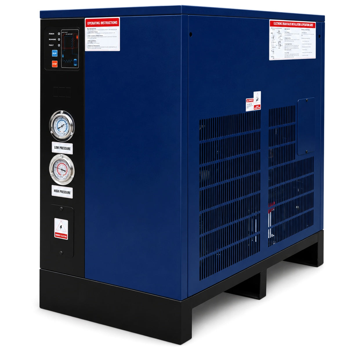 Blue air compressor with visible brand logos on a white background