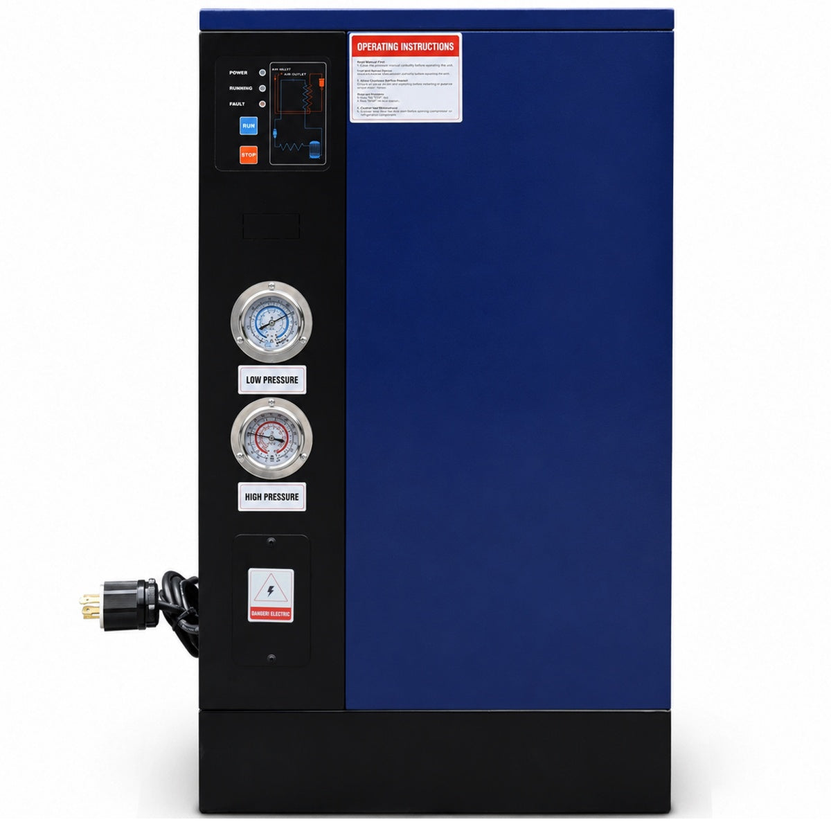 Blue and black industrial machine with gauges and connectors on a white background