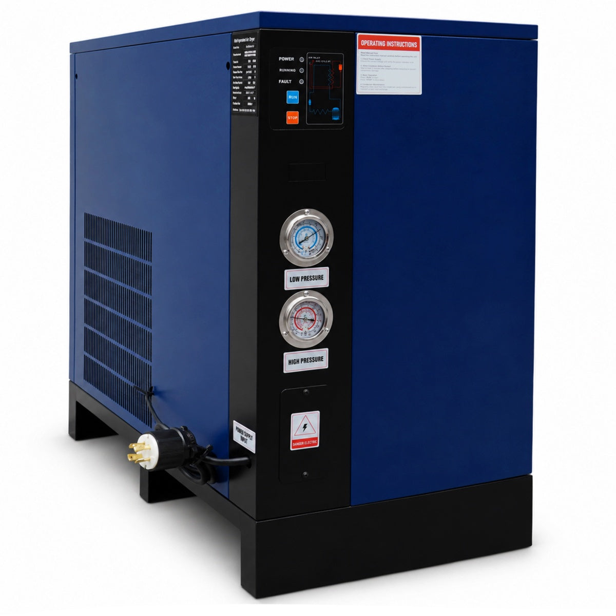 Blue air compressor with pressure gauges on a white background