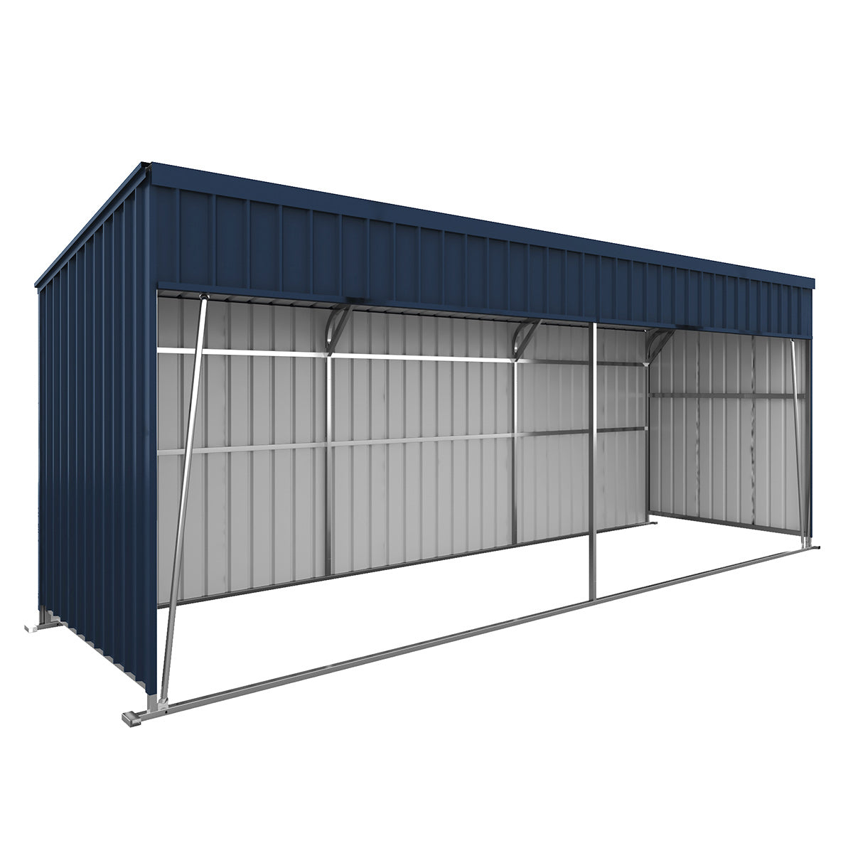 Metal storage shed with a blue roof and gray walls on a white background
