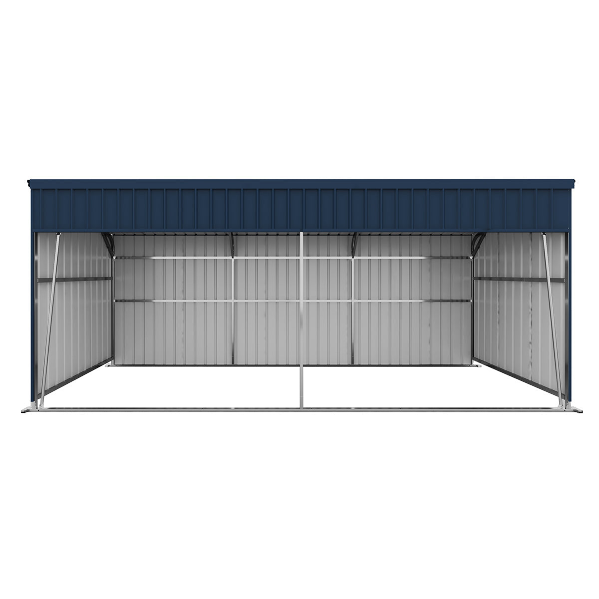 Metal storage shed with a blue roof on a white background