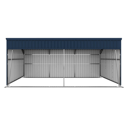 Metal storage shed with a blue roof on a white background
