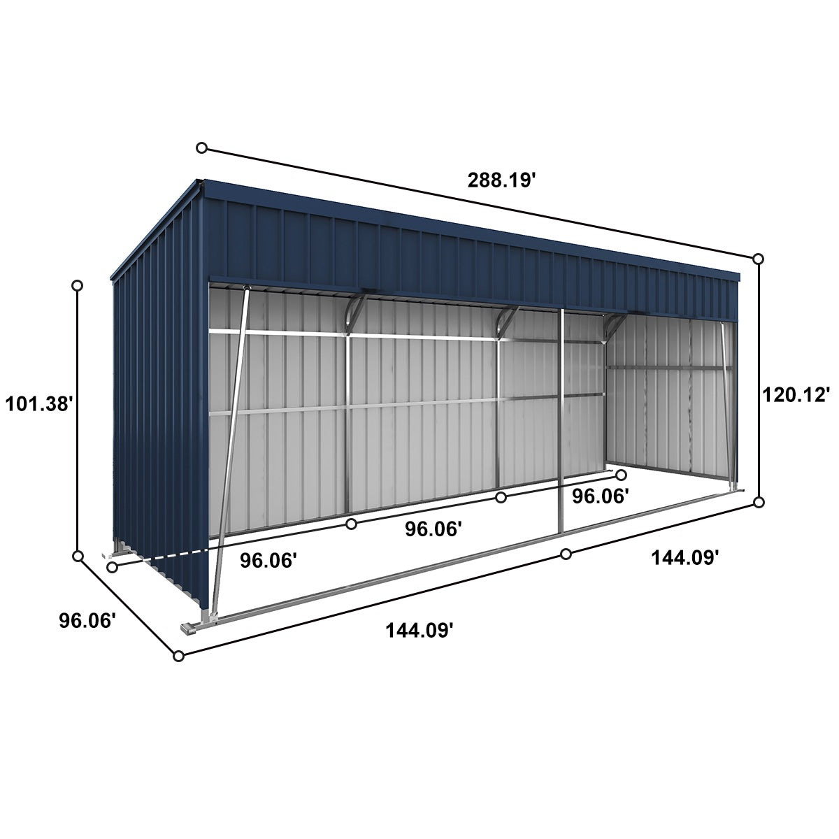 Measurement chart of a storage shed with dimensions labeled