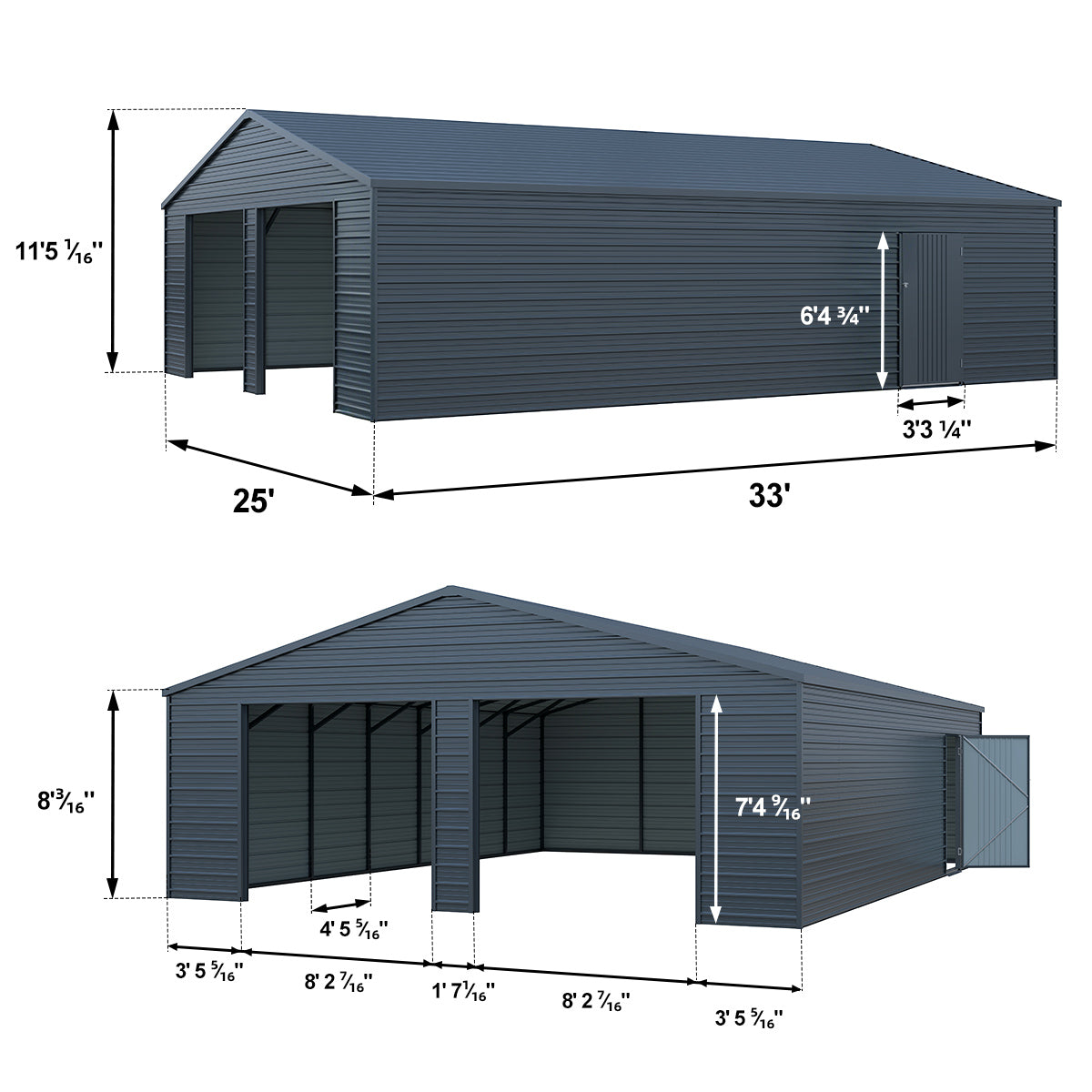 25' x 33' Double Garage Metal Shed with Side Door