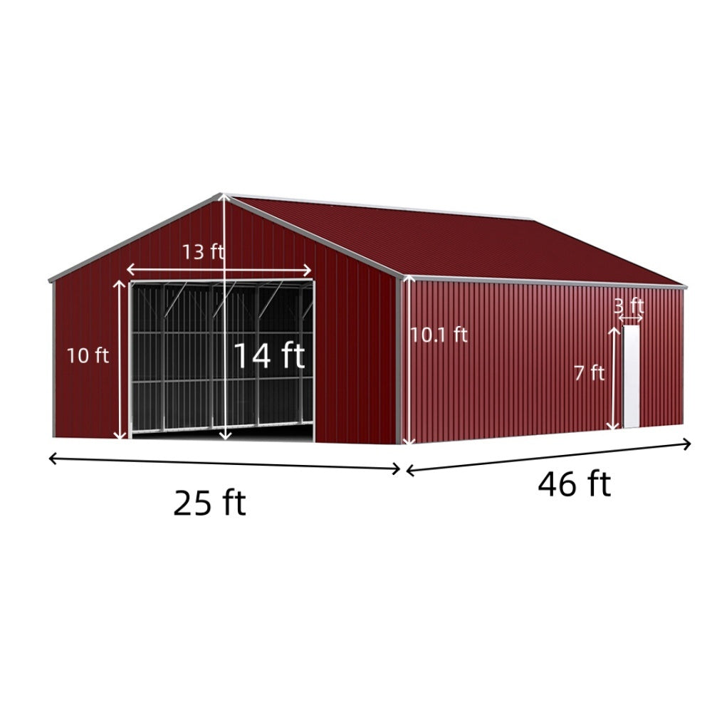 Red metal barn with dimensions labeled on a white background#color_Reddish Brown