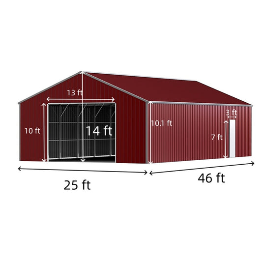 Red metal barn with dimensions labeled on a white background#color_Reddish Brown