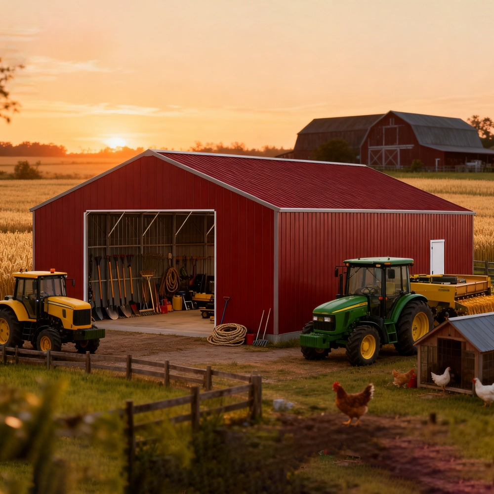 Red barn with tractors and farm equipment at sunset#color_Reddish Brown
