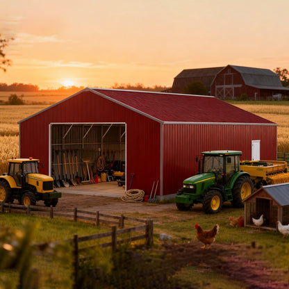 Red barn with tractors and farm equipment at sunset#color_Reddish Brown