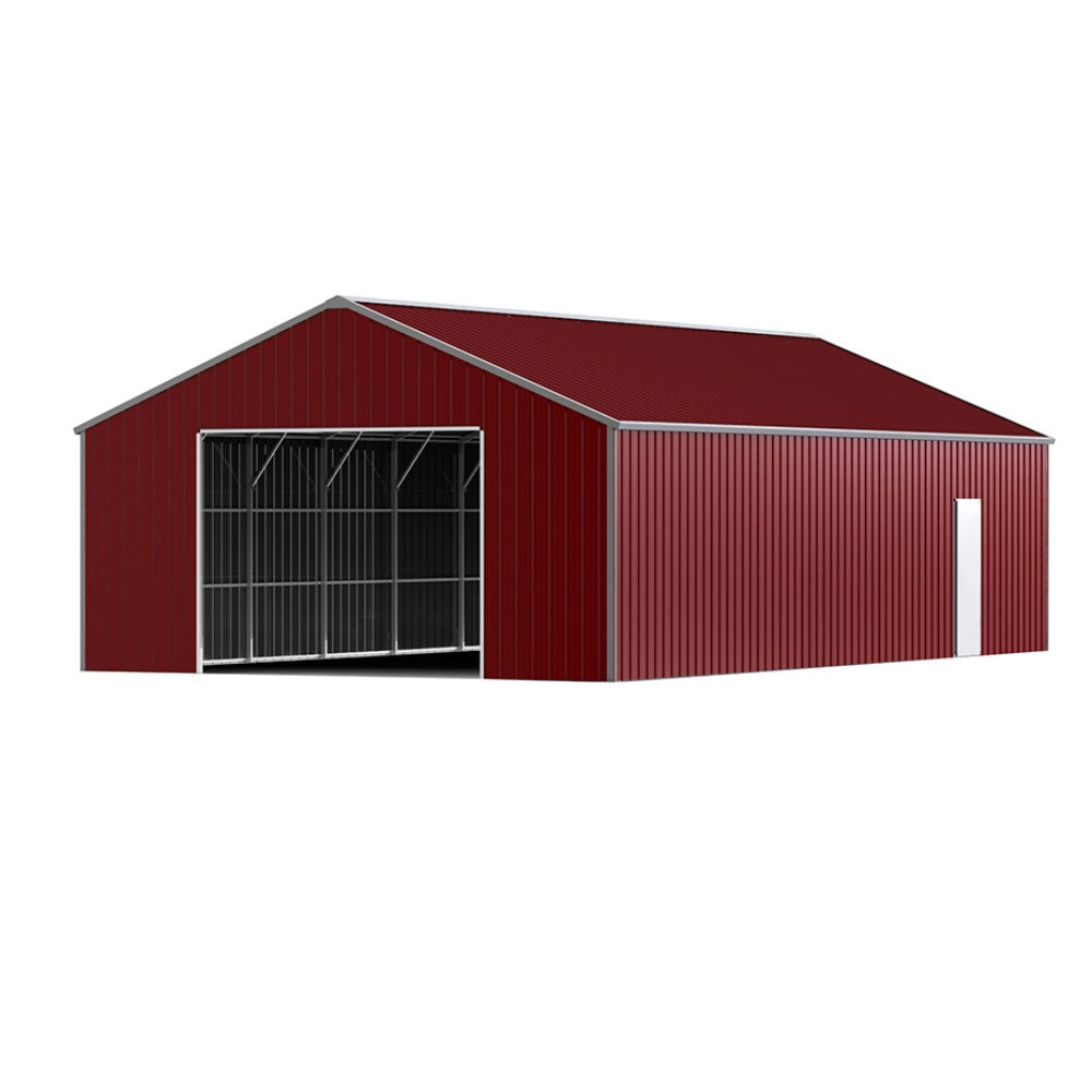 Red metal barn with a large door on a white background