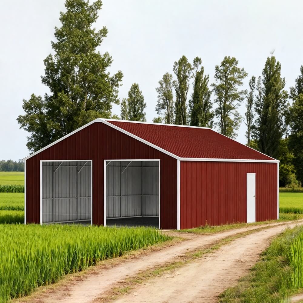 Red metal barn in a rural setting with green fields and trees.