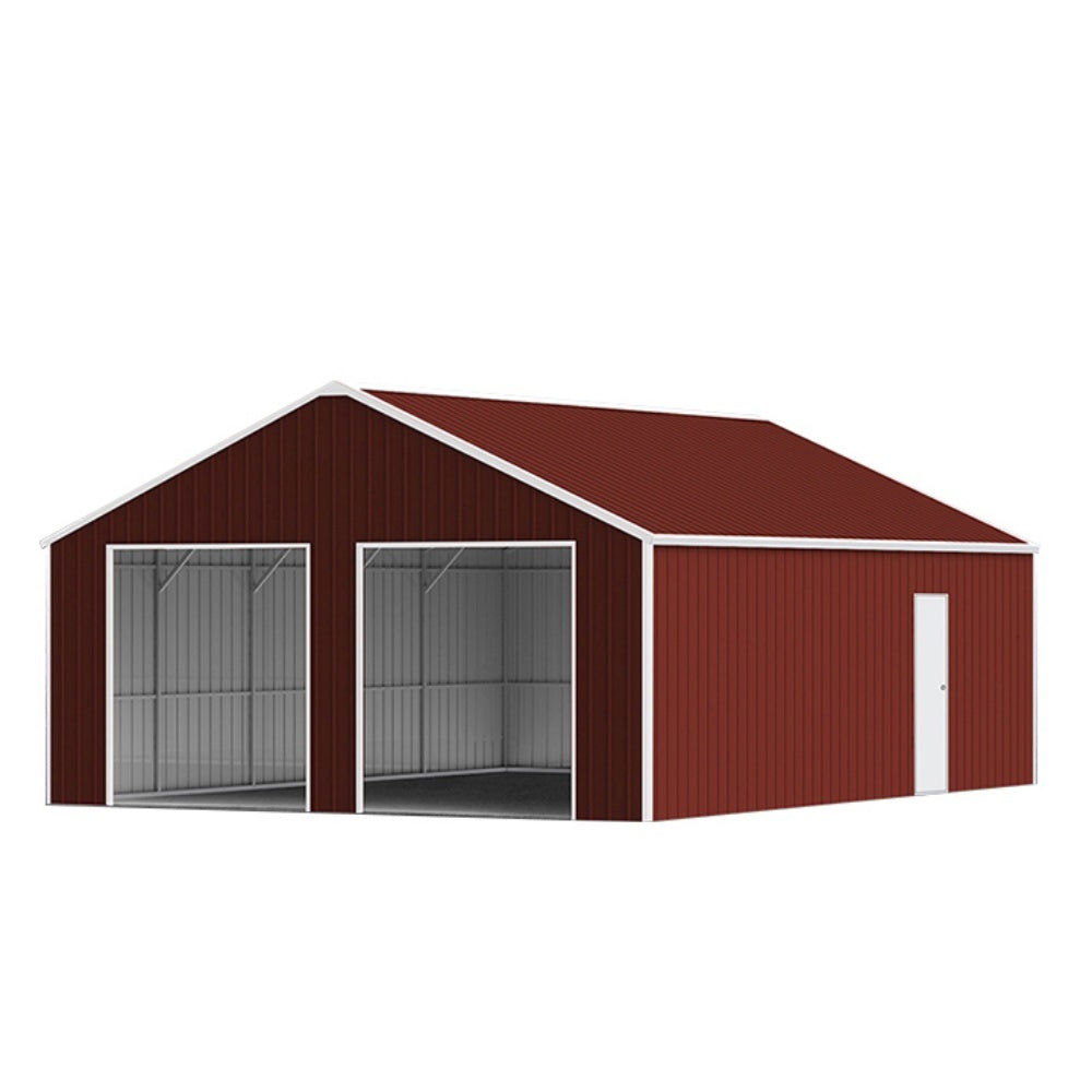 Red metal garage with white trim on a white background
