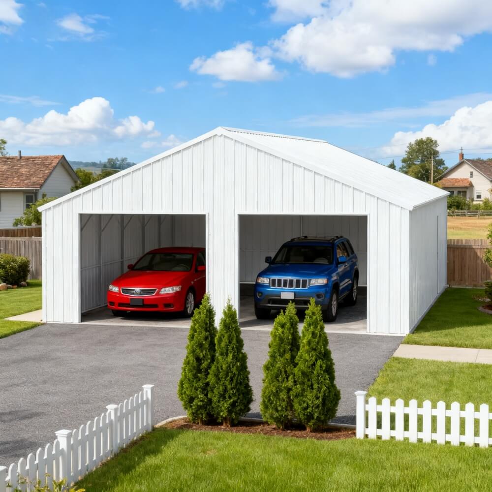 White two-car garage with two vehicles parked inside, surrounded by a grassy area and small trees.#color_White