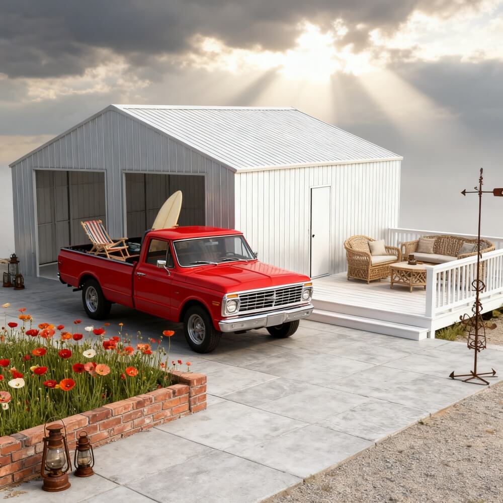Red truck with a surfboard in a driveway next to a white shed and outdoor furniture.#color_White