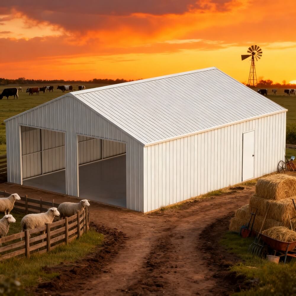 White barn with sheep and hay bales at sunset, windmill in the background