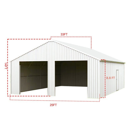 Dimensions of a metal storage shed with clear windows on a white background