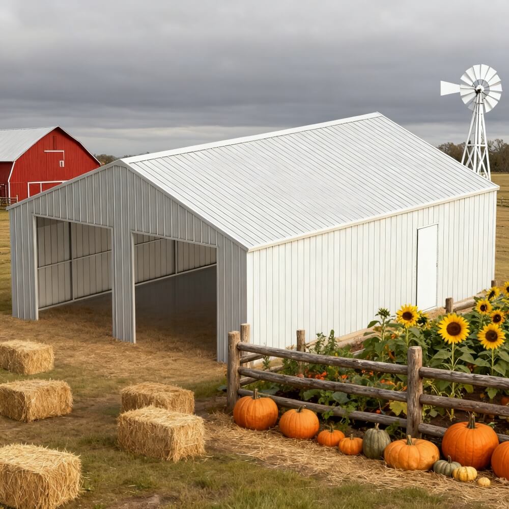 White barn with hay bales, pumpkins, and sunflowers in a rural setting.