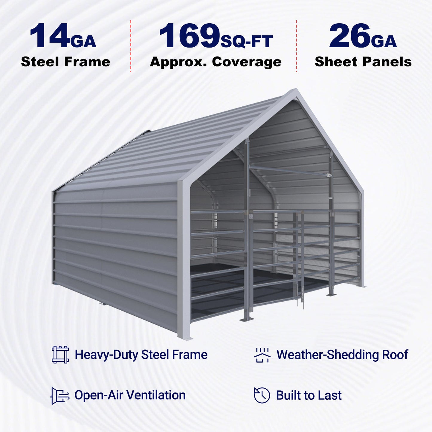 13ftx13ft Metal Livestock Shelter with Enclosed Rear Panel