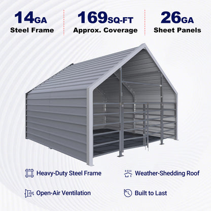 13ftx13ft Metal Livestock Shelter with Enclosed Rear Panel