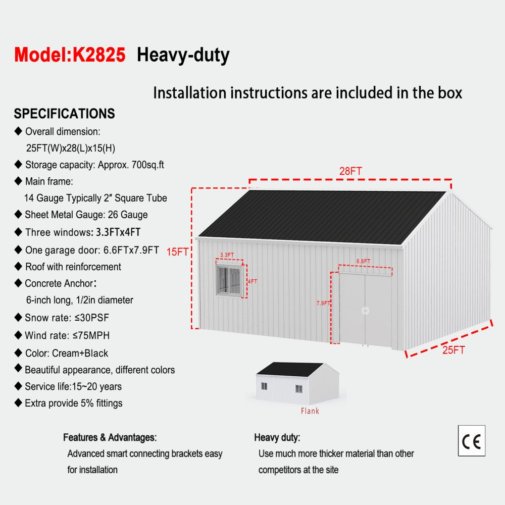 28x25FT Heavy Duty Steel Storage Shed with Window & Side Door