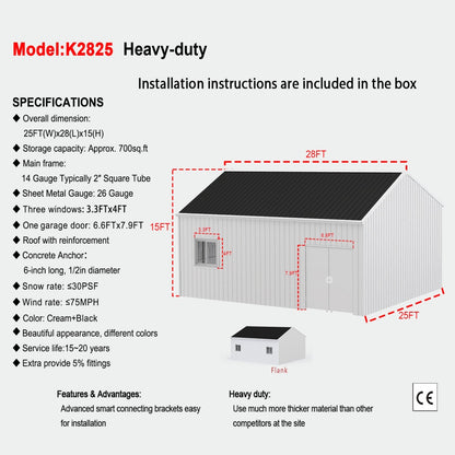 28x25FT Heavy Duty Steel Storage Shed with Window & Side Door